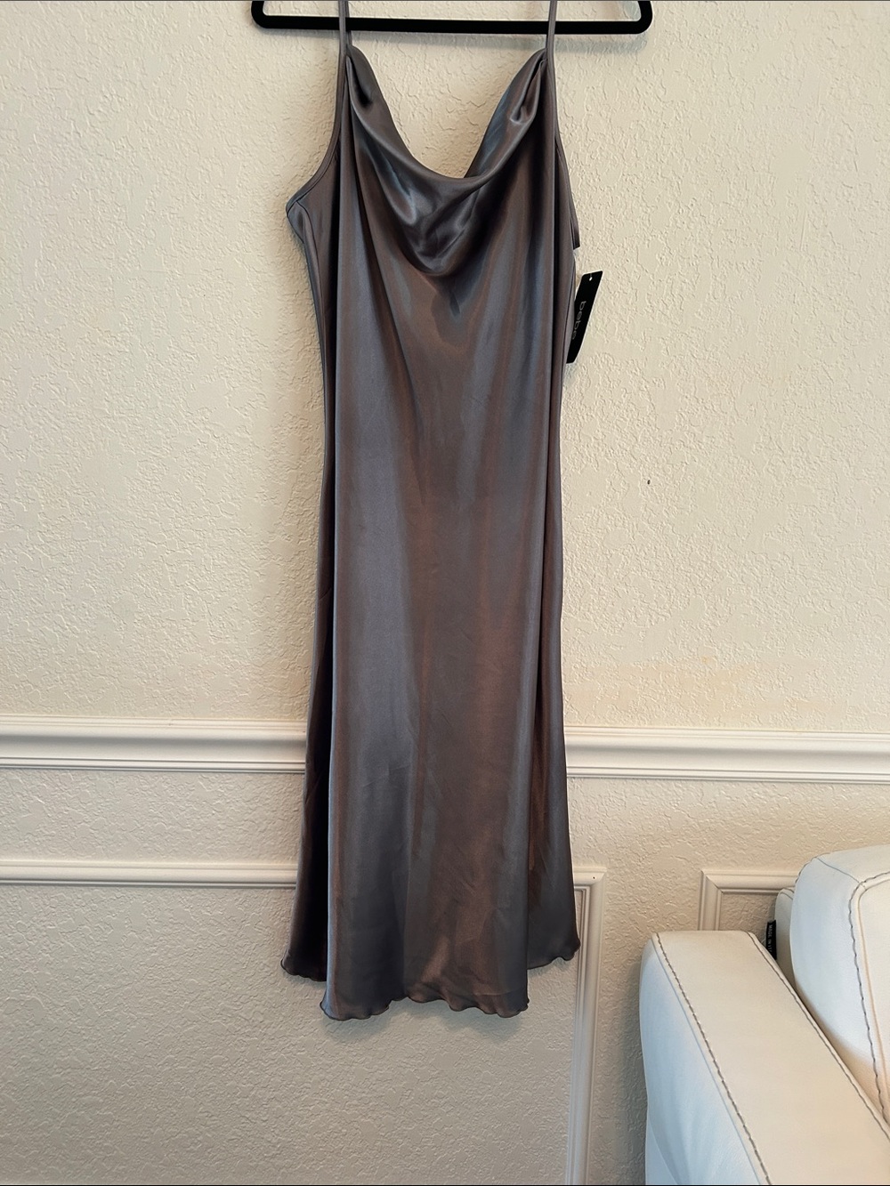 bebe- Satin Cowl Neck Slip Dress in Shimmery Charcoal